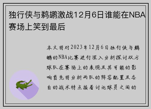 独行侠与鹈鹕激战12月6日谁能在NBA赛场上笑到最后